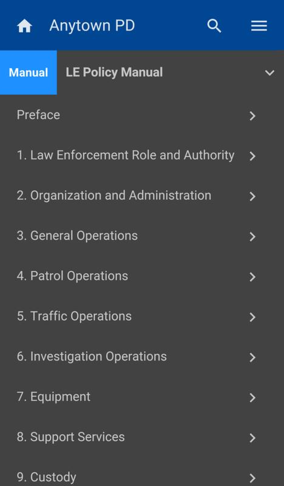 screenshot of Lexipol Knowledge Management System (KMS)